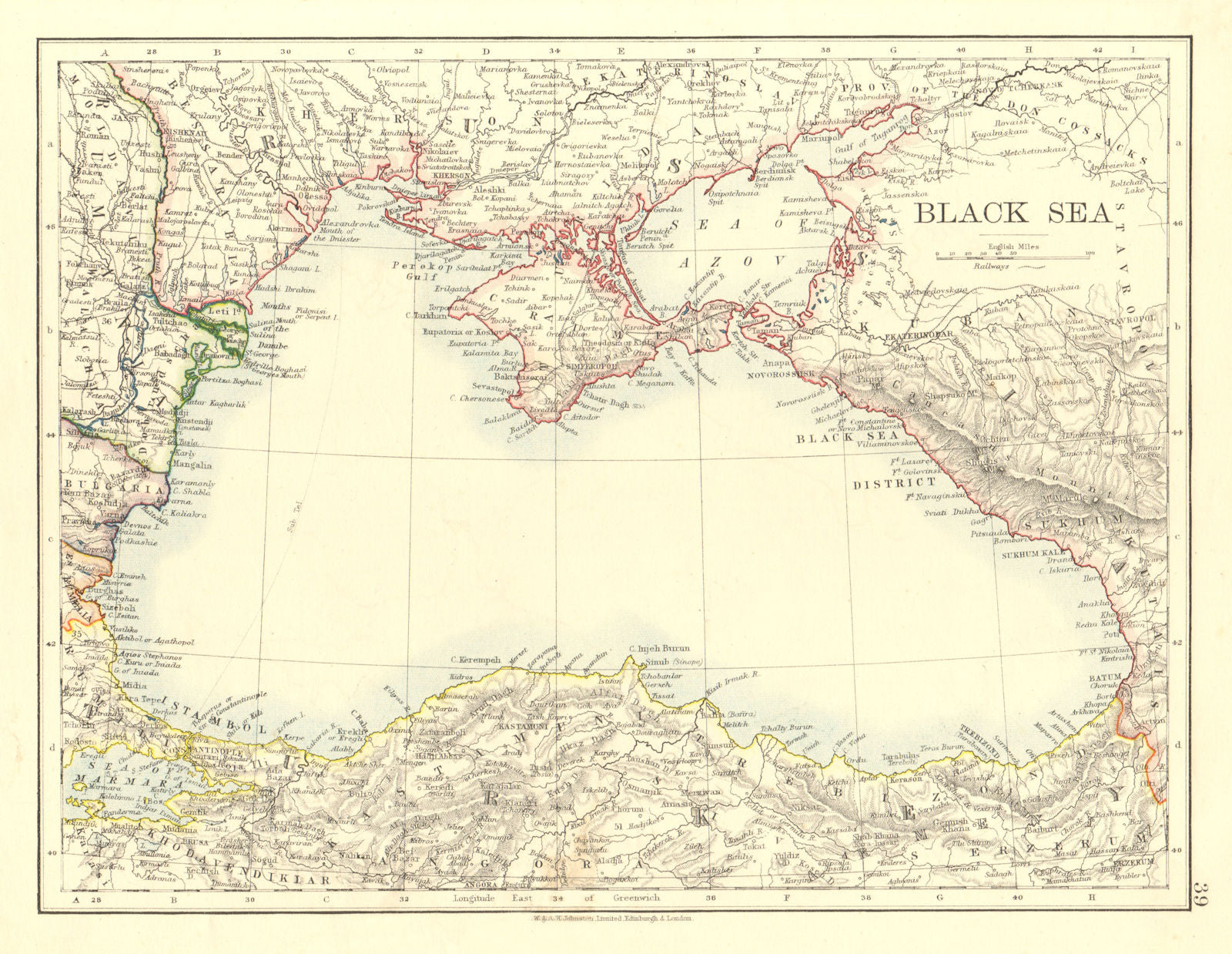 BLACK SEA. Russia Turkey Crimea Romania Bulgaria Kuban.  JOHNSTON 1906 old map
